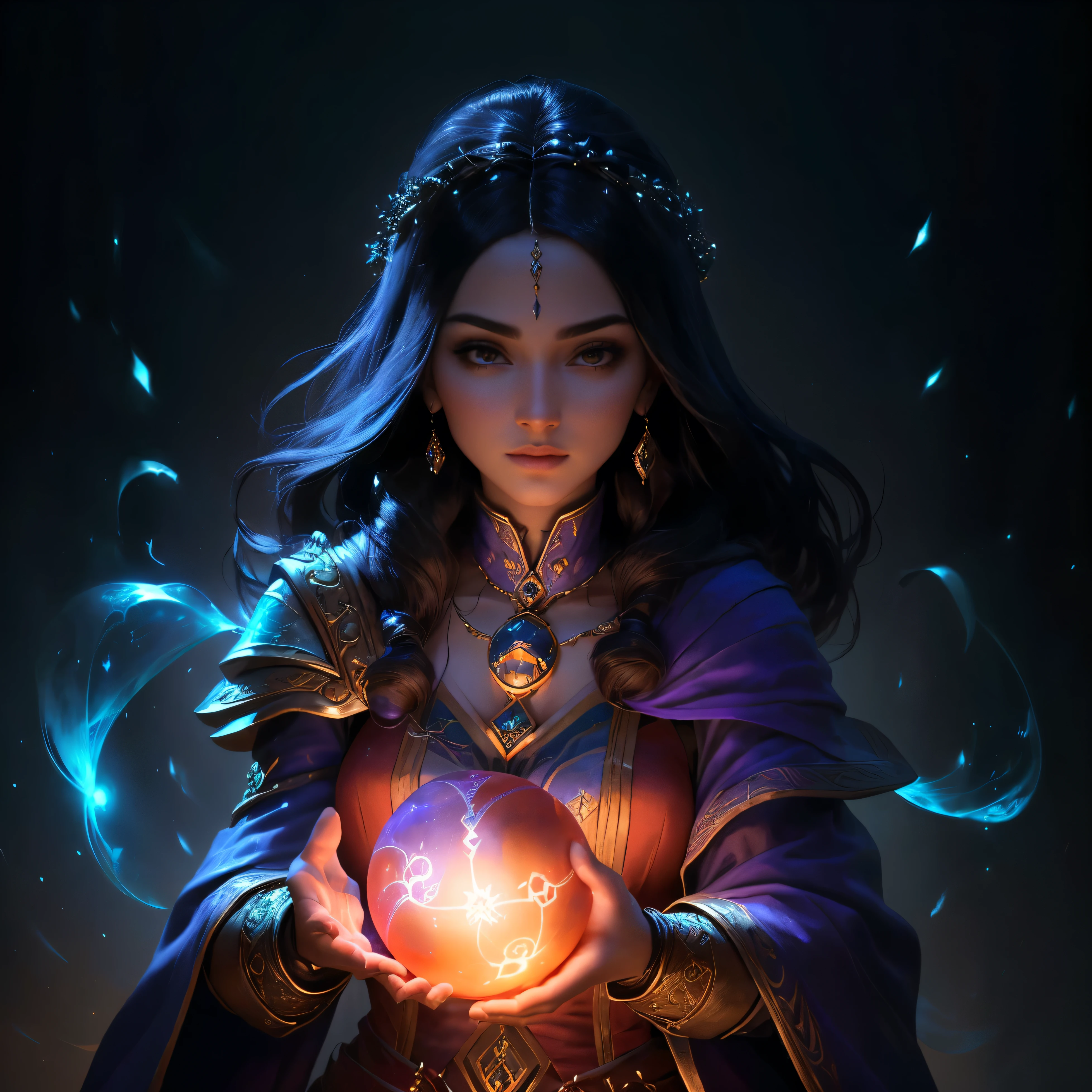 arafed image of a woman holding a glowing ball in her hands, portrait of a female mage, portrait of a mage, maya ali as a d&d sorcerer, female mage conjuring a spell, female mage, portrait of female sorcerer, portrait of a sorceress, a beautiful sorceress, epic mage girl character