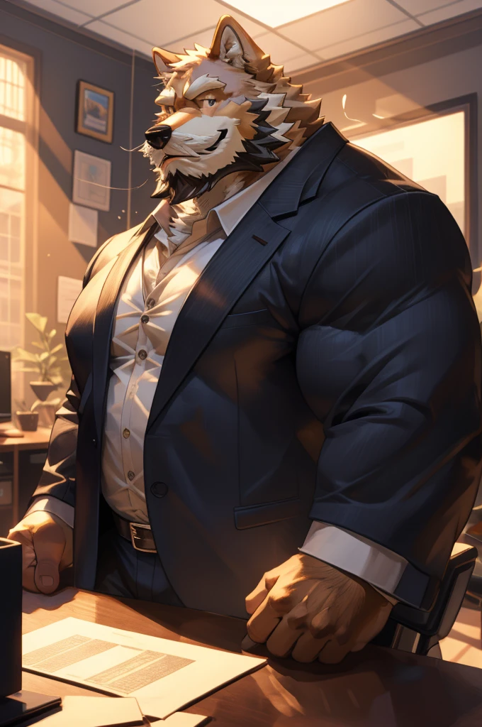 1boy, 1man, solo, a (furry Shiba Inu) standing, flexing muscle,,(face, detailed face, bearded, white beard, thick mustache), office, massive muscular , sixpack , (suits), well-muscled old man. ((thick arms, huge pec, huge arms)), wide smiling. Add textures and details to make the image more realistic, such as the appearance of the. Make sure the resulting image is high resolution, 8K quality