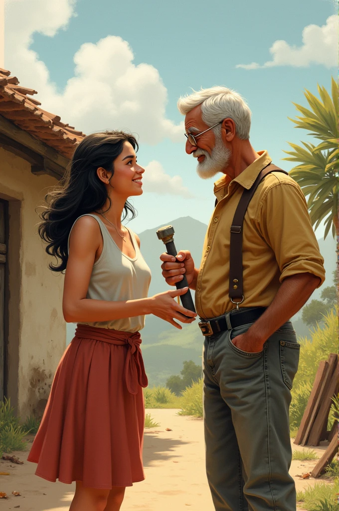 2. **Illustration 2:** A scene where Elena is shown approaching Pedro with a kind expression and offering to help him fix the roof. Both characters could be holding tools or building materials.