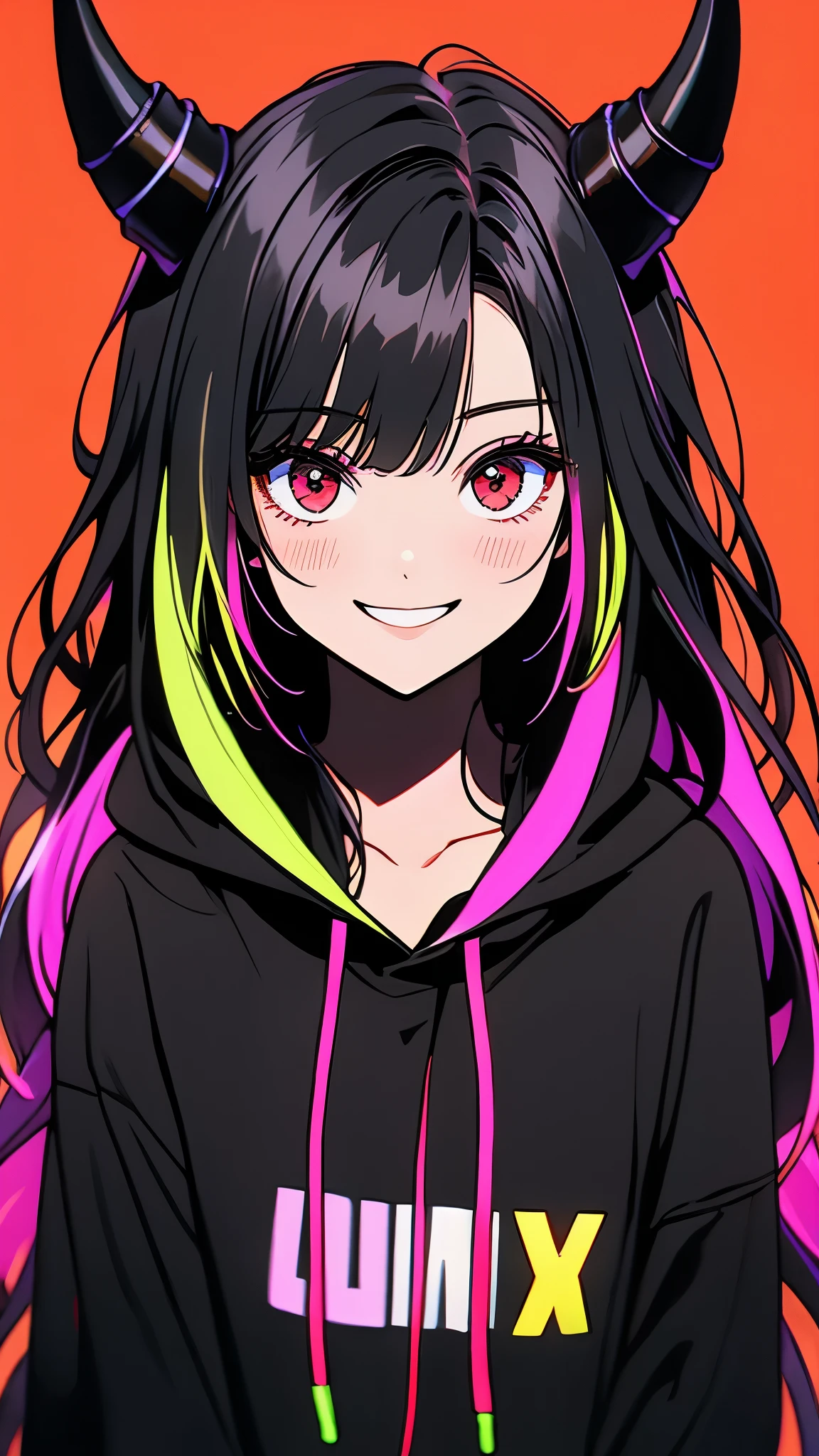 A shy smiling girl, black and multicolored hair, red eyes, black hoodie, bangs, horns, looking at viewer, long hair, simple black background, upper body, neon hearts