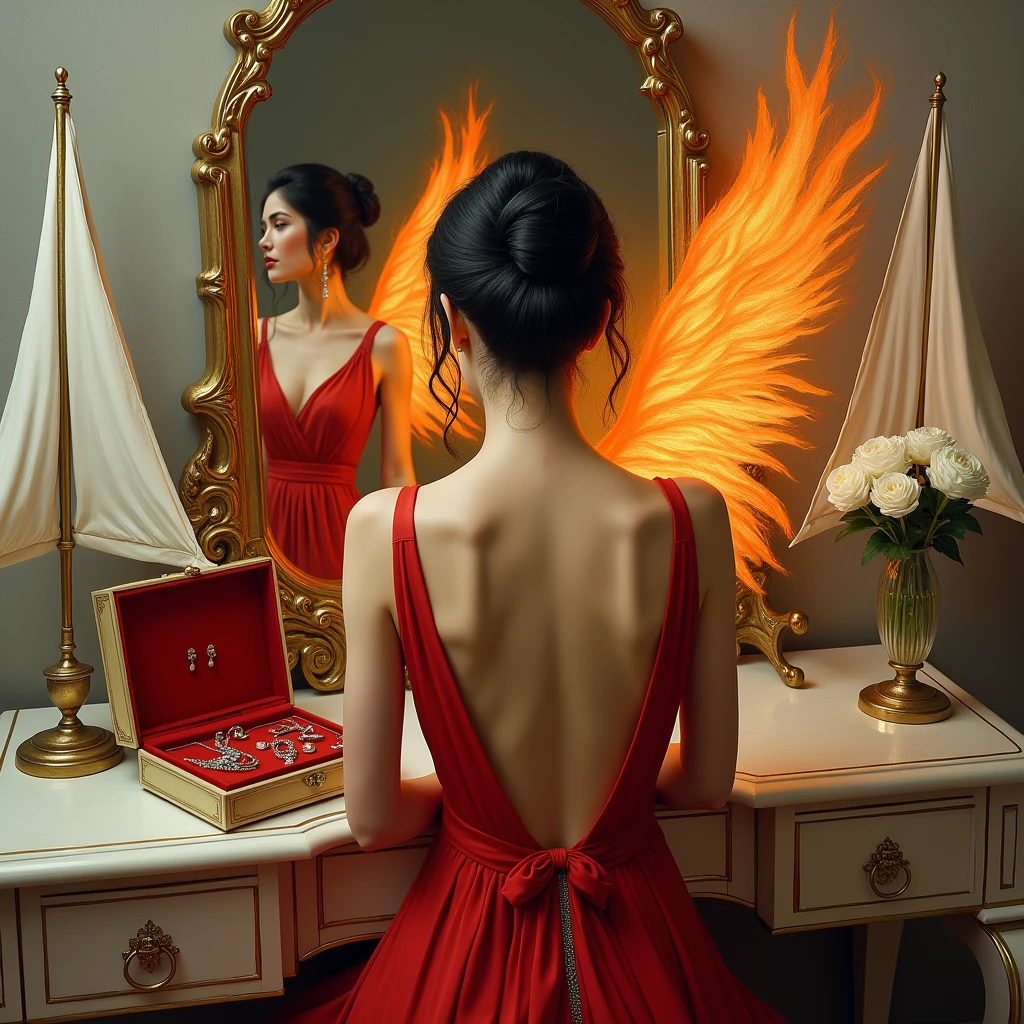 realistic oil painting version of a nice dressing table, which has white sails, an open velvet box with jewelry, white flowers and a mirror, In the mirror you can see THE REFLECTION of the back of a woman with jet black hair, which is in a bun, with a red open back dress, Beautiful wings made of fire emerge from the woman's back.. like the phoenix. close up image (only the dressing table is visible) (mirror reflection)