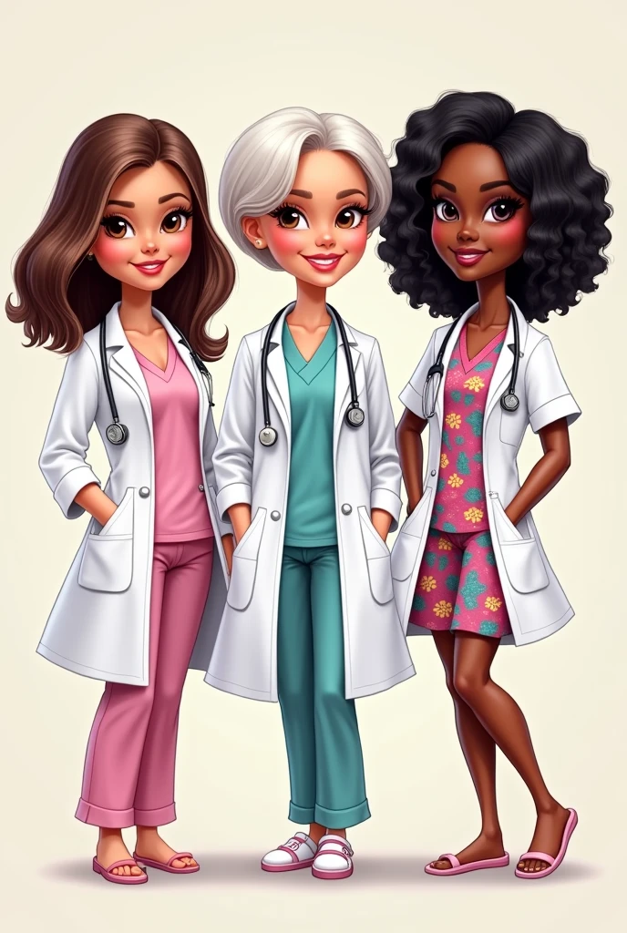Create 3 Barbie-type caricatures with medical pajamas and a doctor's coat, one with short brown hair and a medium-chubby body , brown eyes, the other one has short white hair, brown eyes and the other one has curly black hair and black eyes ,adult women