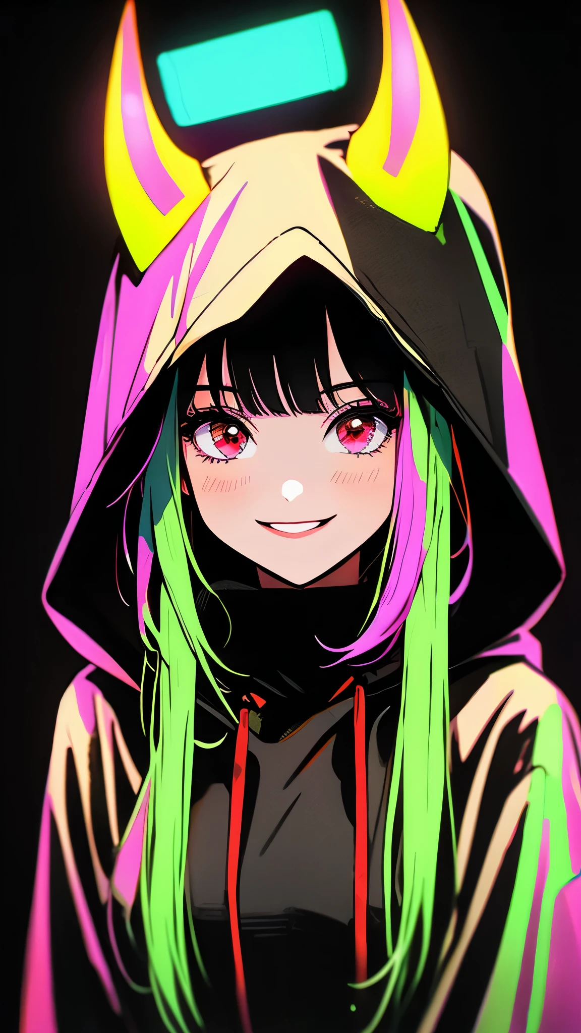 A shy smiling girl, black and multicolored hair, red eyes, black hoodie, bangs, horns, looking at viewer, long hair, simple black background, upper body, neon hearts
