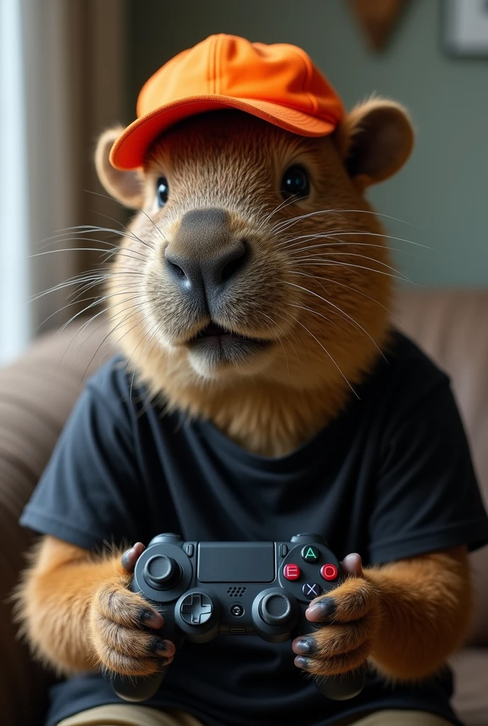 capybara face with mustache playing video game in black t-shirt and orange cap