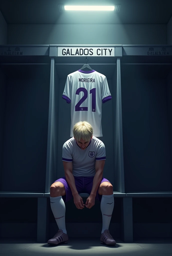 Make an image of ONE player tying his boots alone, with lights completely obscuring his face and him with short, light blonde hair, the locker room is dark and the spotlights are shining on him and the Galados City team, uniform in white and purple colors and I want you to put a shirt behind and on top of it with the number 21 and the name MOREIRA. Make your surroundings completely dark. LET HIM keep his head completely down and focused, and I just want 1 shirt behind him. put the team name “Galados City” on a sign above the shirt and below the spotlight. let him sit on a bench. put on just 1 shirt and that shirt will be above it, on a coat rack and below the sign “Galados City”. the shirt above him in purple and white. make the player very angry and wanting to win and looking focused but with the lights still blinding his face