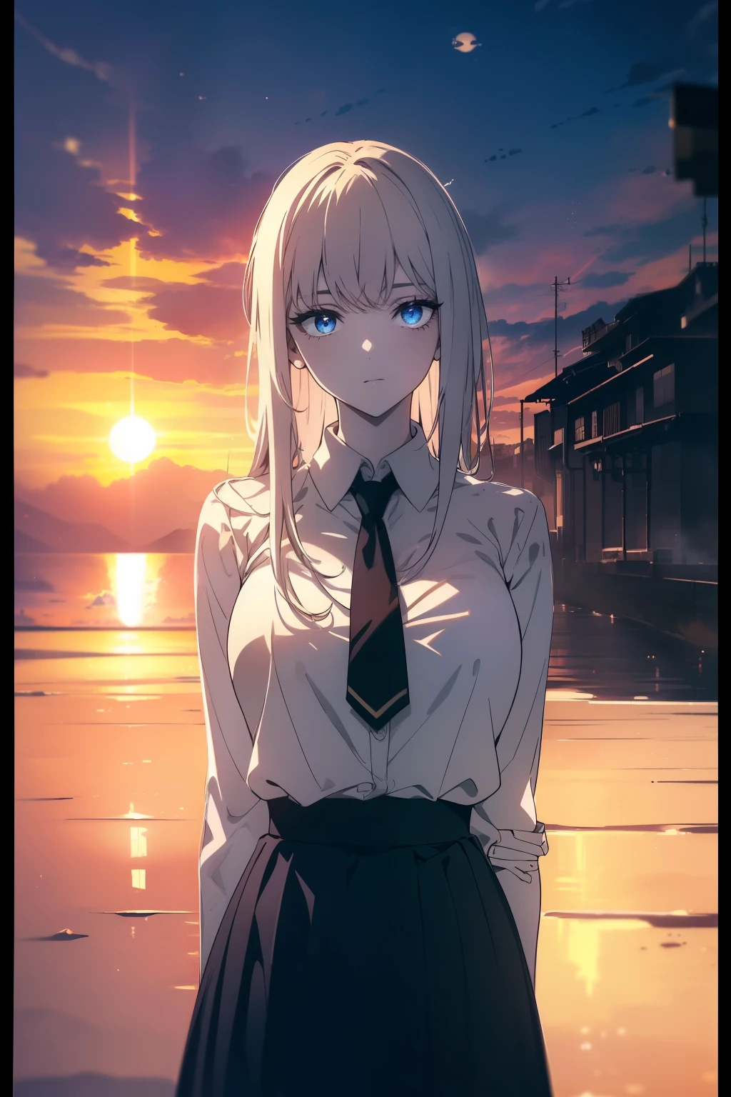 (((Obra maestra, La mejor calidad, ultrahigh resolution))), 1girl, standing, school uniform, white office shirt, black pleated skirt, ((light white hair:0.7)), long hair cut, pale skin, ((blue eyes)), glowing_eyes, neon eyes, (((ultra detailed eyes, beautiful and detailed face, detailed eyes))), ((centered)), smile, ((wide shot)), facing viewer, eye level, (((sunset background, massive detailed sun behind subject))), normal breasts, looking at viewer, ((half closed eyes)), ((perfect hands)), (((head, arms, hips, elbows, in view))), ((hands behind back)), empty eyes, beautiful lighting, outside, outdoors, shooting star:0.7, background, defined subject, 2, ((open scenery background))