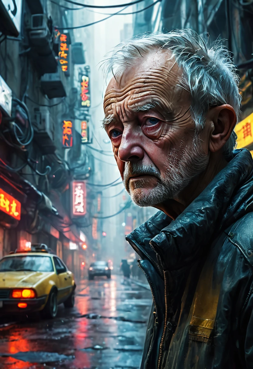 (masterpiece, 8k, best quality:1.2), album cover shoot, photorealistic, hyper detailed, cinematic, sad, arri alexa 65, film, portra 400, an old man, the old is in the middle of a distopian blade runner type street, the old man is the very essence of "broken and bowed", neon and haze and cars and flying cars and people all ignoring this baby, night time, 
