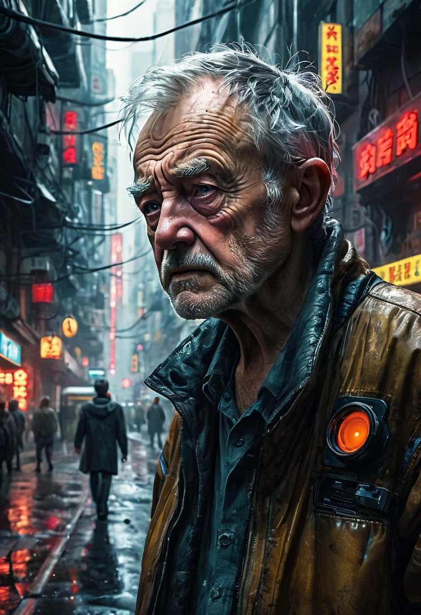 (masterpiece, 8k, best quality:1.2), album cover shoot, photorealistic, hyper detailed, cinematic, sad, arri alexa 65, film, portra 400, an old man, the old is in the middle of a distopian blade runner type street, the old man is the very essence of "broken and bowed", neon and haze and cars and flying cars and people all ignoring this baby, night time, 
