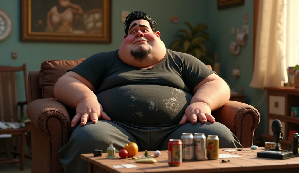 Im Stil von Pixar 3D-Animation filmen (Caricature). An extremely obese 30-year-old on a dirty sofa. He wears sweatpants and a stained black band shirt with sweat stains. His lower jaw protrudes to the overbite, his hair is black and greasy, he has a distinct beard shadow. In front of him a tiled table with waste, Beverage cans and a streaming microphone. The room is very messy and dirty.
