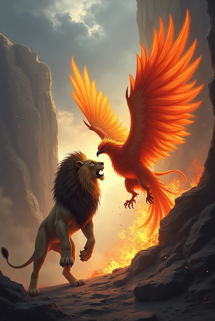 An angry lion roaring next to a phoenix