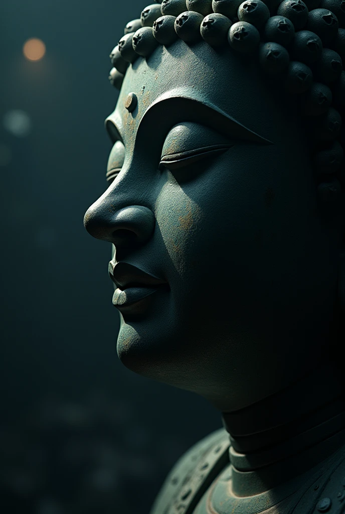 Create a cinematic image of the face of Buddha representing the Tathagata (Suchness) or Buddha of Great Enlightenment with closed eyes in a gesture of chanting or prayer. The image should have a mysterious and dark tone, with subtle, dramatic lighting illuminating the statue to enhance its enigmatic aura. The lighting should create striking contrasts and shadows, emphasizing the serene expression and intricate details of the Buddha’s face. The overall atmosphere should evoke a sense of sacred mystery and spiritual depth, resembling a scene from a film.