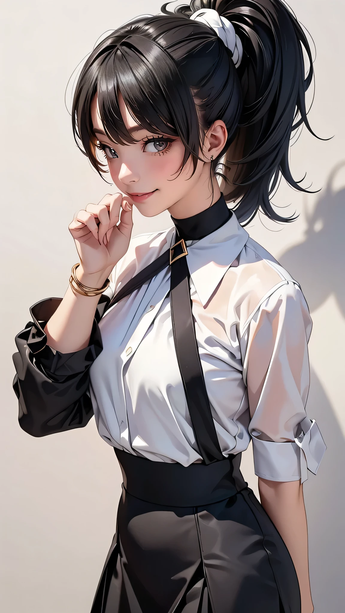 20-year-old woman、Black blue hair、ponytail、(High Top Fade:1.3)、Dark Theme、Calm colors調、Calm colors、High contrast、(Natural skin texture、Hyperrealism、Soft Light、sharp)、compensate, mascara, 唇はCalm colorsか, Simple black background, Minimalism, Monotony, Simple color palette, clean, sharp designs, Flowing silhouette, Tight skirt and pants, High waist skirts and pants, Simple Dress, Shirts and blouses, asymmetrical, Geometric, Elegant and luxurious materials and design, Simple, Minimal accessories, A thin necklace or ring in silver or gold, Simple bangles, Distinctive design, Simple silhouette, Simple and sophisticated style, grace, Minimalism, High Quality Materials, Cool and urban impression, High Fashion, Simplicity and sophistication,