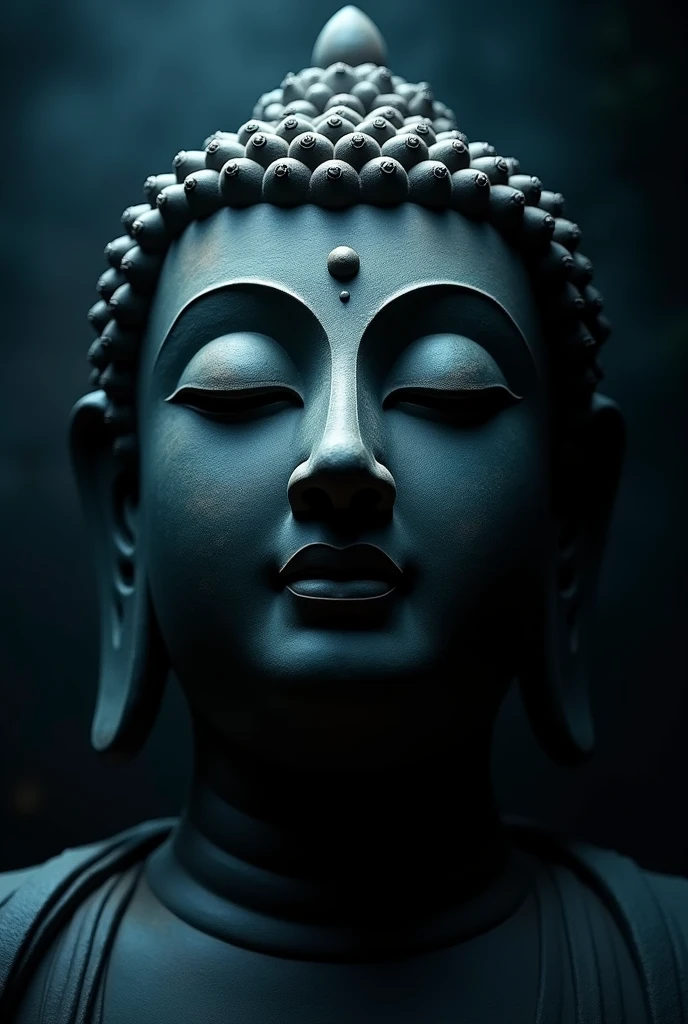Create a cinematic image of the face of Buddha representing the Tathagata (Suchness) or Buddha of Great Enlightenment with closed eyes in a gesture of chanting or prayer. The image should have a mysterious and dark tone, with subtle, dramatic lighting illuminating the statue to enhance its enigmatic aura. The lighting should create striking contrasts and shadows, emphasizing the serene expression and intricate details of the Buddha’s face. The overall atmosphere should evoke a sense of sacred mystery and spiritual depth, resembling a scene from a film.