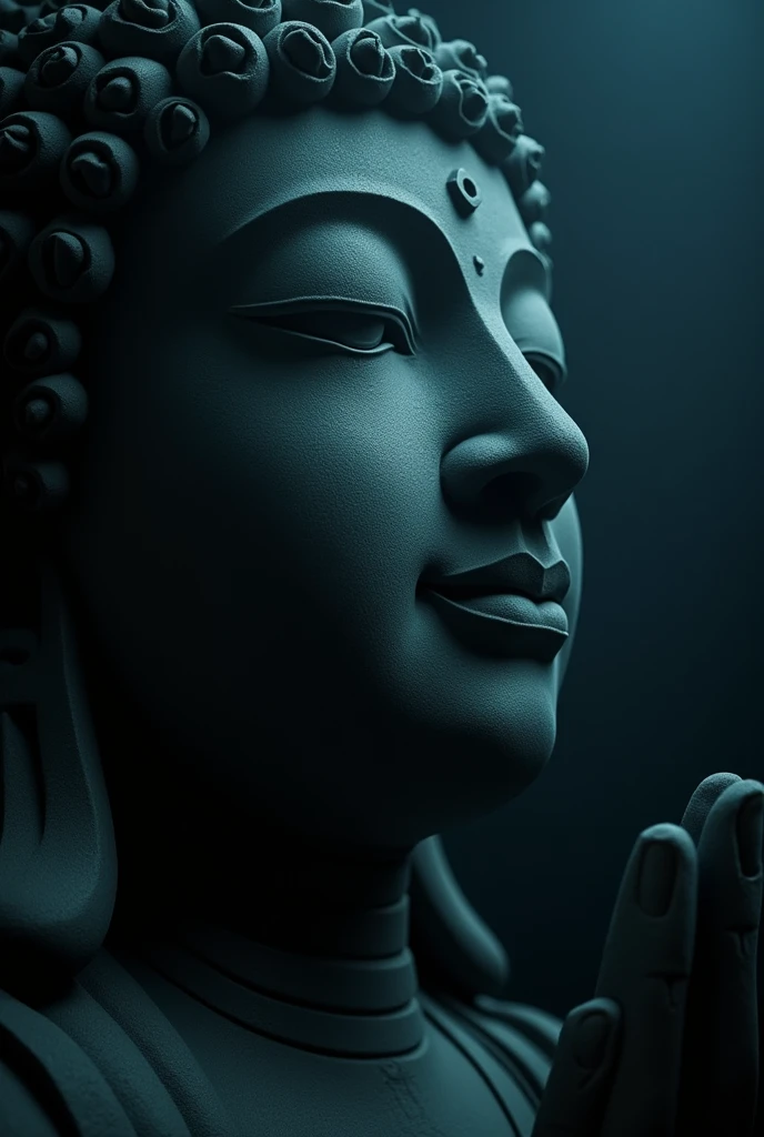 Create a cinematic image of the face of Buddha representing the Tathagata (Suchness) or Buddha of Great Enlightenment with closed eyes in a gesture of chanting or prayer. The image should have a mysterious and dark tone, with subtle, dramatic lighting illuminating the statue to enhance its enigmatic aura. The lighting should create striking contrasts and shadows, emphasizing the serene expression and intricate details of the Buddha’s face. The overall atmosphere should evoke a sense of sacred mystery and spiritual depth, resembling a scene from a film.