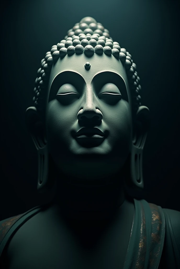 Create a cinematic image of the face of Buddha representing the Tathagata (Suchness) or Buddha of Great Enlightenment with closed eyes in a gesture of chanting or prayer. The image should have a mysterious and dark tone, with subtle, dramatic lighting illuminating the statue to enhance its enigmatic aura. The lighting should create striking contrasts and shadows, emphasizing the serene expression and intricate details of the Buddha’s face. The overall atmosphere should evoke a sense of sacred mystery and spiritual depth, resembling a scene from a film.