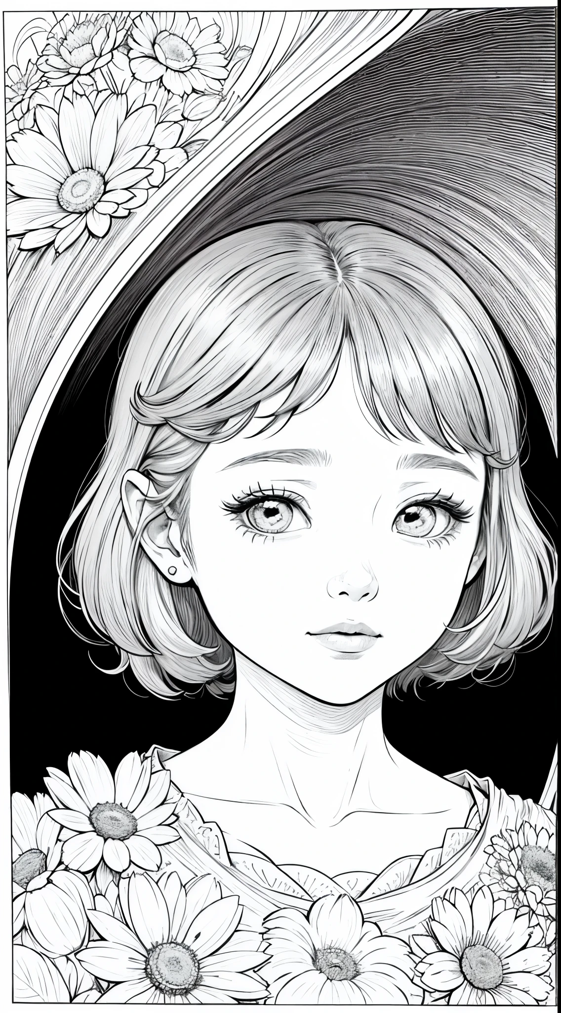 As a coloring book, white and black color, borders should be simple, clear, distinct, and thick lines, By Cartoon picture book of a beautiful Asian girl with short brown hair, A girl looking at camera, (Campo de flores), (Closeup), retrato, nuvem, arte de linha