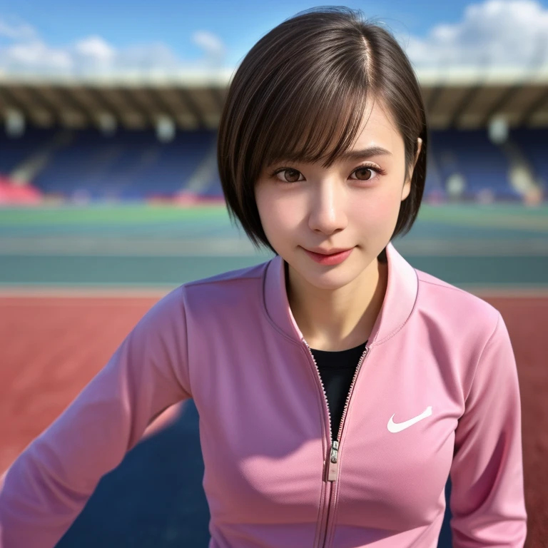 (kawaii 24 year-old Japanese girl, Nogizaka idol, Korean idol), healthy female athlete body, (glossy brown hair, short hair, pixie cut, bangs:1.3), (rounded face, beautiful black eyes, single eyelid, no makeup:1.2), (empty eyes, looking at away, sigh:1.4), (wearing light pink track jacket, sweat jogger pants:1.3), perfect shaped extra small breasts, BREAK, (track and field stadium background:1.2), (dynamic angle, upper body shot:1.2),  BREAK, (masterpiece, best quality, photo realistic, official art:1.4), (UHD, 8K quality wallpaper, high resolution, raw photo, golden ratio:1.3), (shiny skin), professional lighting, physically based rendering, award winning, (highly detailed skin, extremely detailed face and eyes), Carl Zeiss 85 mm F/1.4, depth of field, 1girl, solo,