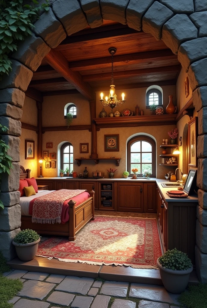 House inside with bedroom, kitchen, living room and 2 doors to the medieval wooden bedrooms