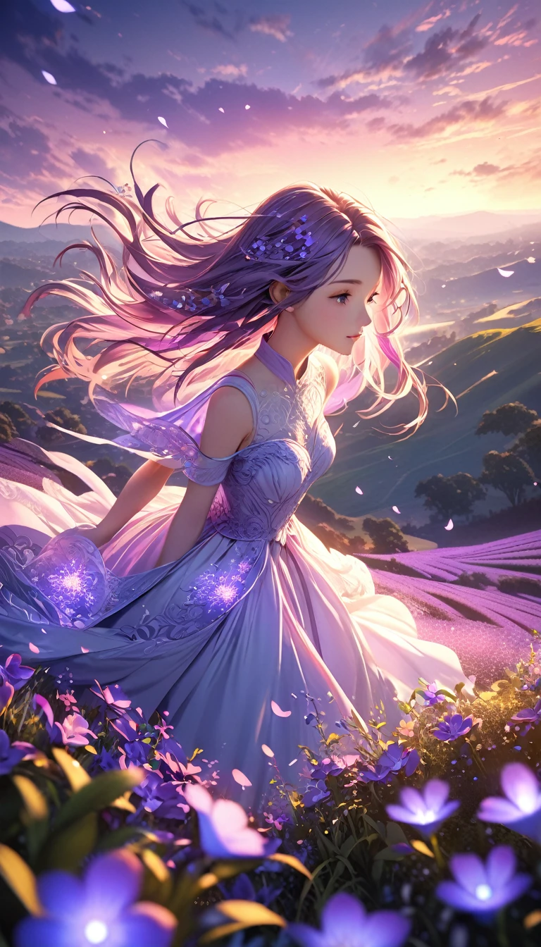 3D anime art, young woman on a hill covered in luminescent purple flowers, wind blowing through her hair, petals floating around, magical twilight setting, intricate details, glowing elements, vibrant and serene, high resolution