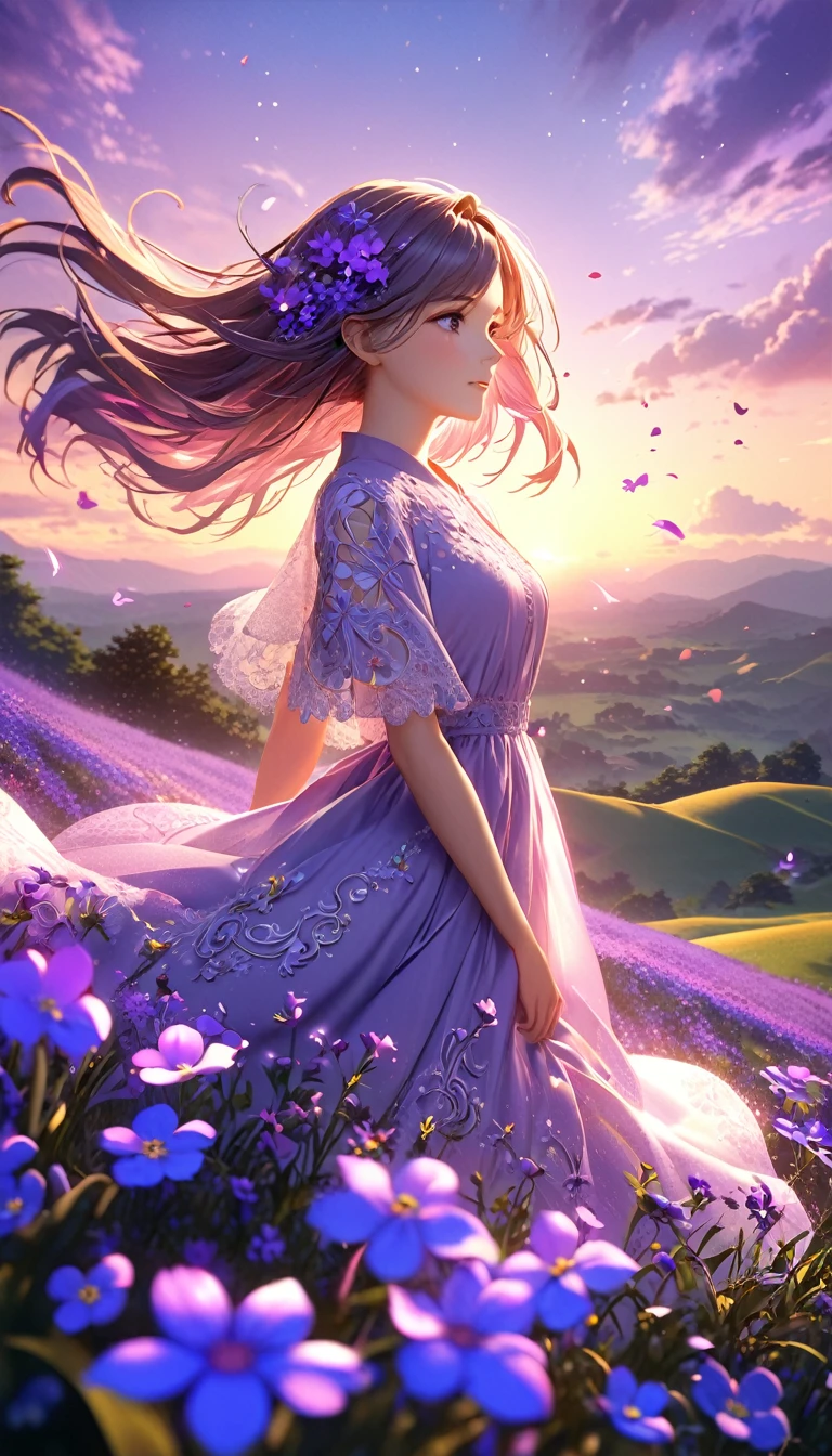 3D anime art, young woman on a hill covered in luminescent purple flowers, wind blowing through her hair, petals floating around, magical twilight setting, intricate details, glowing elements, vibrant and serene, high resolution