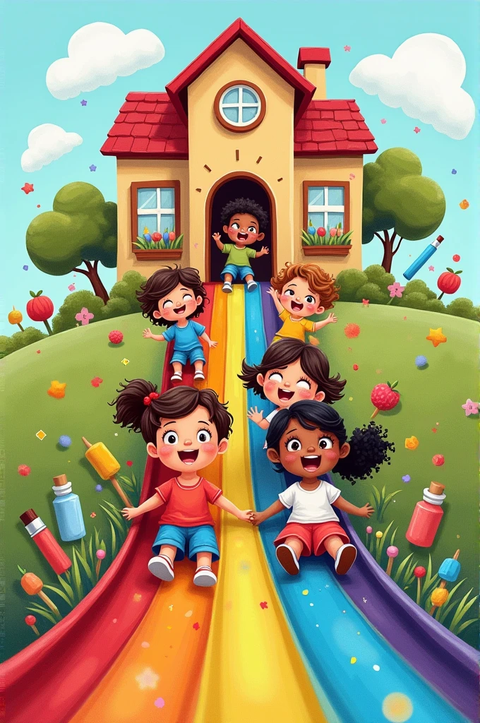 Easy drawing of children sliding down a rainbow with paintbrushes and art supplies behind a school