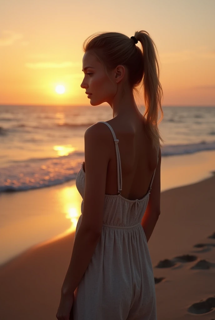 High resolution、Realistic、RAW Photos、Detailed Background、Beautiful in every detail、Highly detailed face、Beautiful women in their 20s、Perfect body line、ponytail、Bobcut、
(A beautiful woman is seen from behind gazing at the sunset at the end of summer:1.5)、
At dusk on the beach、A gentle light shines on the water surface.、The footprints on the sand create a lonely atmosphere.、A girl in a summer dress、He looks sad as he gazes into the distant horizon、In the quiet scenery that brings to mind the end of summer、I can imagine what's going on in the girl's mind.、Loneliness and sadness、And a scene that makes you feel something to look forward to、
In the midst of nature's transitions、The girl's feelings may also change.、very beautiful
