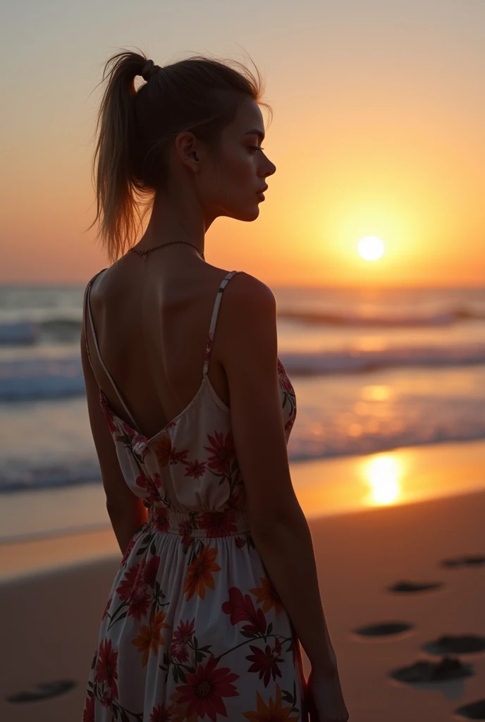 High resolution、Realistic、RAW Photos、Detailed Background、Beautiful in every detail、Highly detailed face、Beautiful women in their 20s、Perfect body line、ponytail、Bobcut、

(A beautiful woman is seen from behind gazing at the sunset at the end of summer:1.5)、

At dusk on the beach、A gentle light shines on the water surface.、The footprints on the sand create a lonely atmosphere.、A girl in a summer dress、He looks sad as he gazes into the distant horizon、In the quiet scenery that brings to mind the end of summer、I can imagine what&#39;s going on in the girl&#39;s mind.、Loneliness and sadness、And a scene that makes you feel something to look forward to、
In the midst of nature&#39;s transitions、The girl&#39;s feelings may also change.、very beautiful