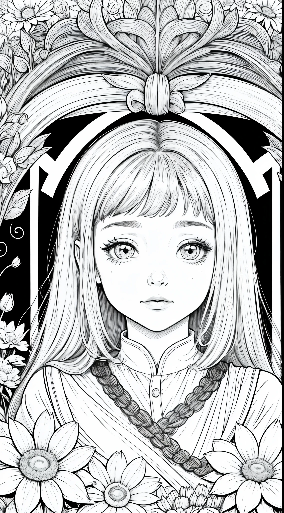 As a coloring book, white and black color, borders should be simple, clear, distinct, and thick lines, By Cartoon picture book of a beautiful Asian girl with short brown hair, A girl looking at camera, (Campo de flores), (Closeup), retrato, nuvem, arte de linha
