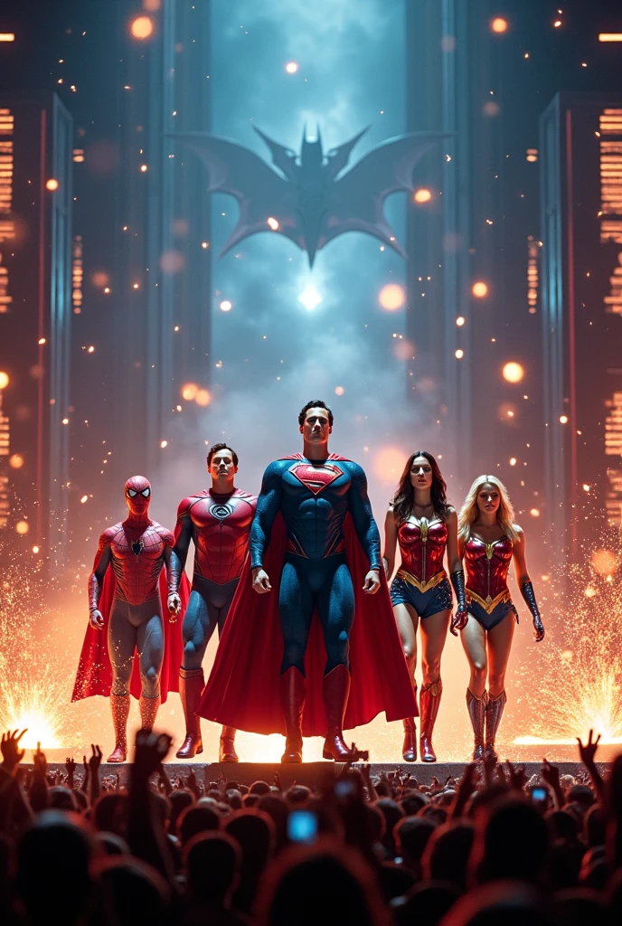 Spider man ,Superman, Batman, Wonder Woman , flash, all these superheroes singing at a rock show,rock band style