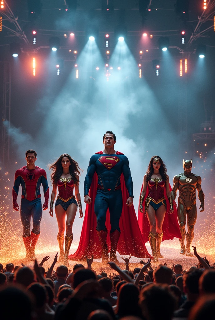Spider man ,Superman, Batman, Wonder Woman , flash, all these superheroes singing at a rock show,rock band style