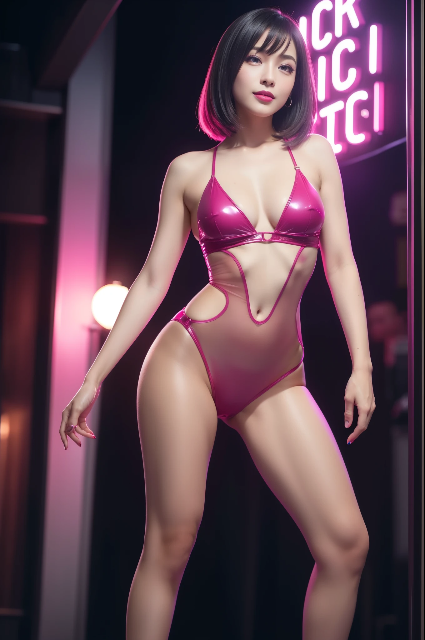 A beautiful, stylishly-dressed female idol with a glossy, transparent lipstick, happy smile, defined eyebrows, and long lashes, wearing a sheer, neon pink latex dress, posing provocatively in a full body, lesbian-themed scene, with colorful hair, (best quality,4k,8k,highres,masterpiece:1.2),ultra-detailed,(realistic,photorealistic,photo-realistic:1.37),vibrant colors,cinematic lighting,8k, highly detailed, photorealistic, professional photography, vivid colors