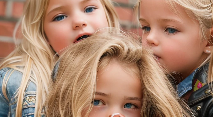 3 BLONDE GIRLS WITH LONG HAIR, CHILDREN IN LEATHER JACKETS, Um close-up, DECIBEL
