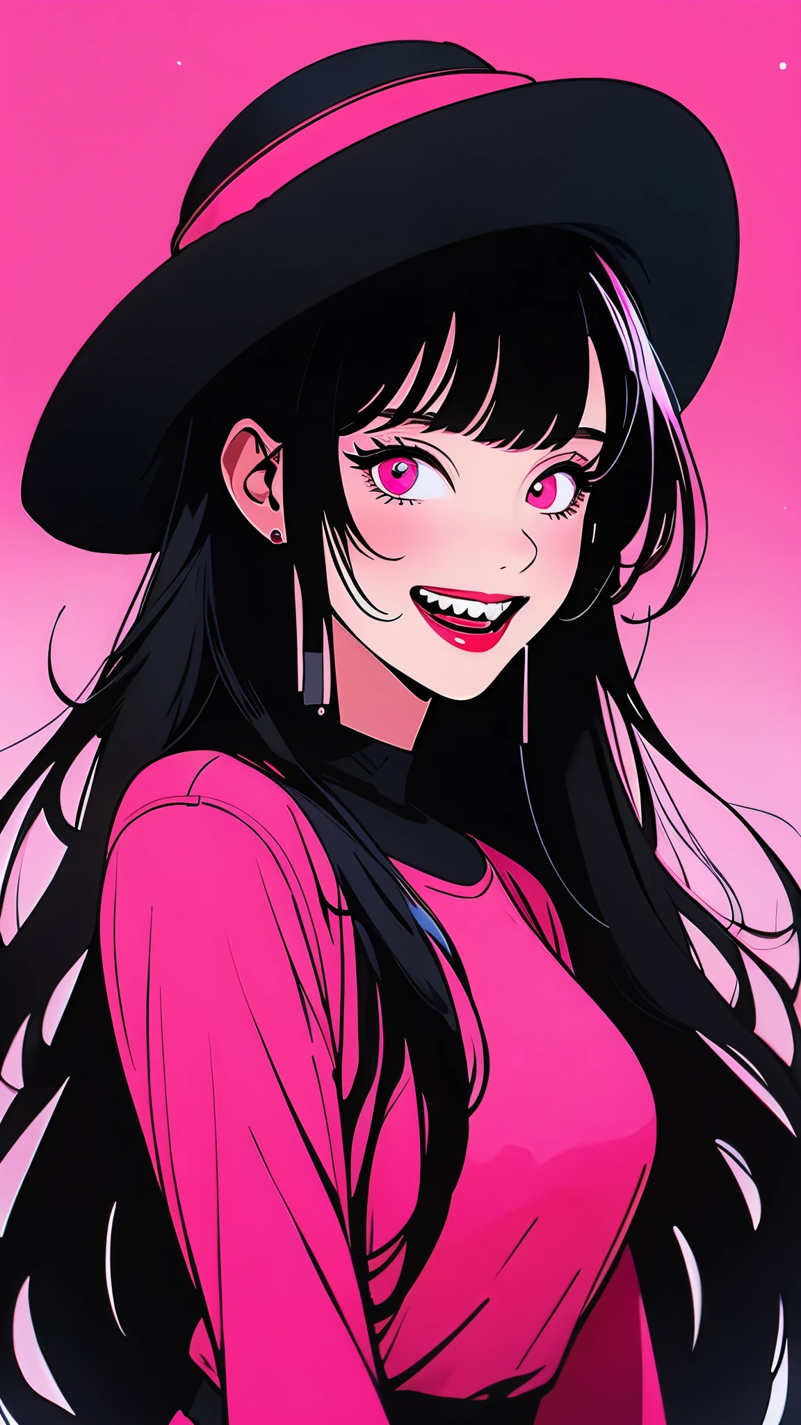 1girl, sparkle, pink background, red background, hat, open mouth, solo, black headwear, teeth, bangs, breasts, gradient background, pink eyes, looking at viewer, gradient, sharp teeth, smile, black hair, long hair, upper body, + +, glowing