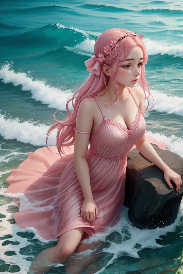 Ultra clear, ultra detailed, delicate facial features, perfect figure, seaside, natural light, long red hair, bright eyes, long eyelashes, pink slip dress, starfish, shells, pearl hair accessories, mermaids