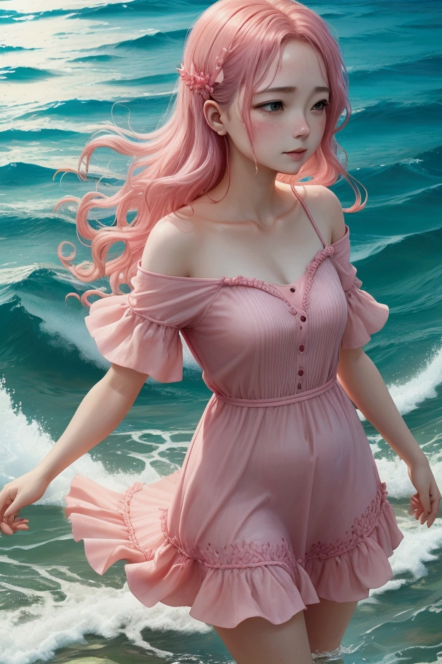 woman in pink dress bathing in the sea