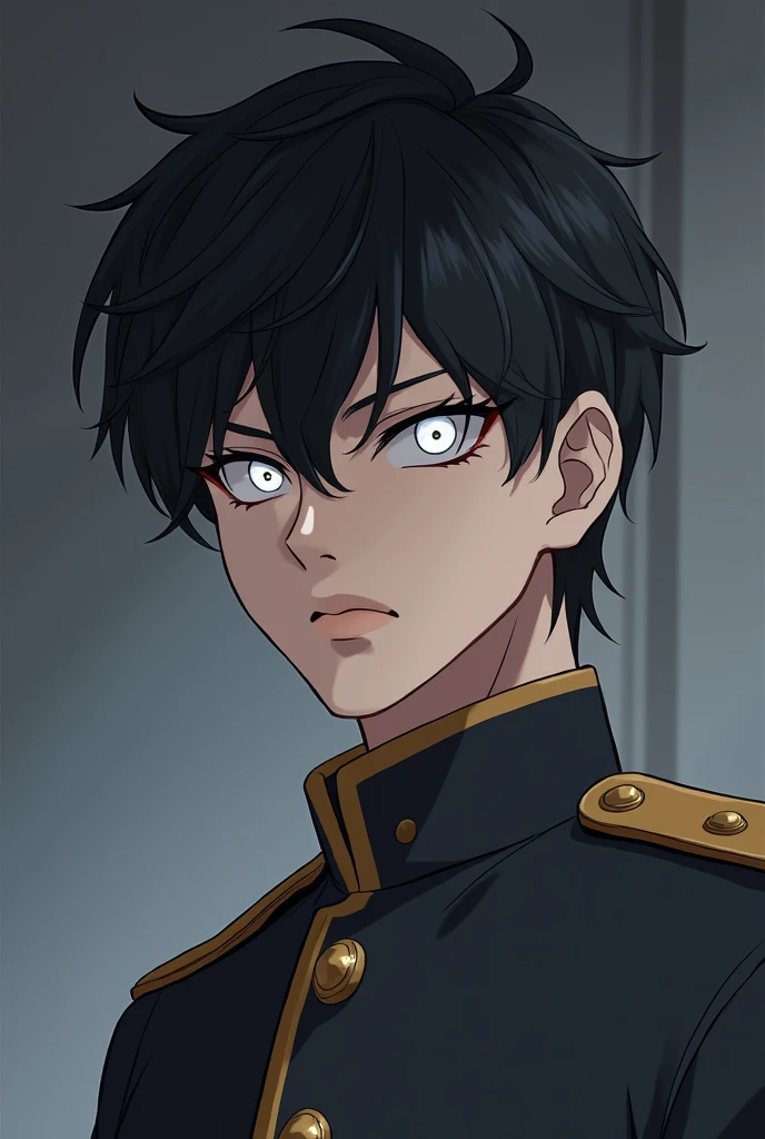 Young man, , 1,79 tall, 78 kilos, black hair and military style, Caucasian skin, plain clothes and white eyes with black pupils, Demon Slayer anime style.