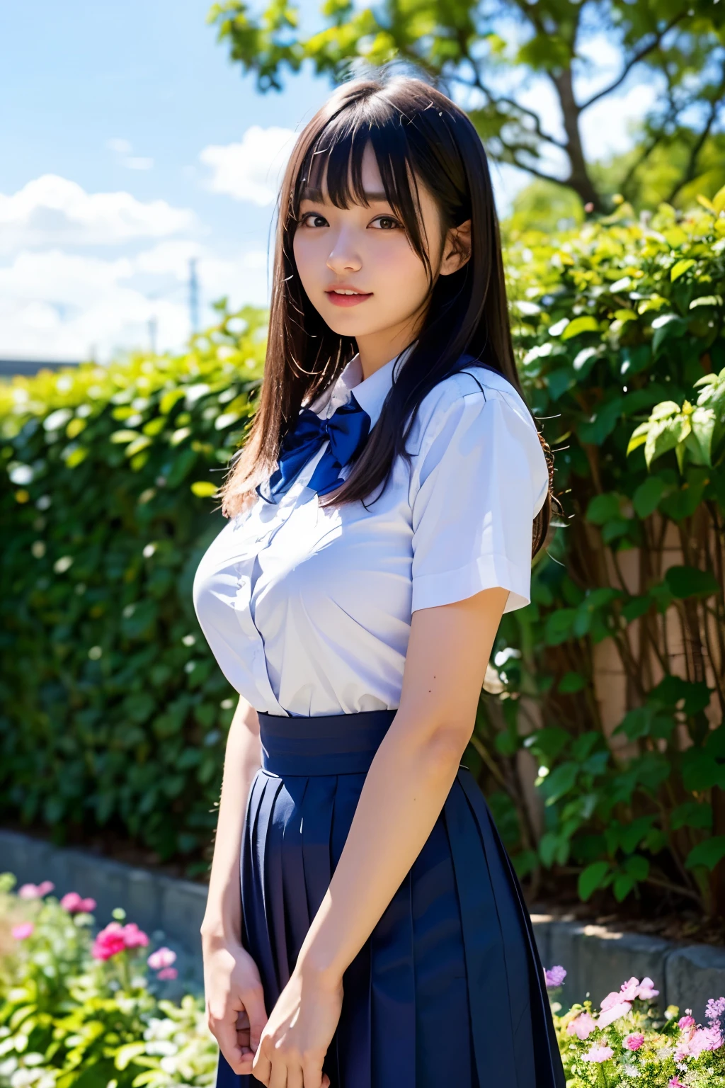 (Highest quality, 8k, 32K, masterpiece, Ultra-high resolution:1.2), Cute Japanese, (Huge breasts:1.0), Long black hair, bangs, (school uniform), Tight waist, (Outdoor, garden, blue sky),(high school girl),