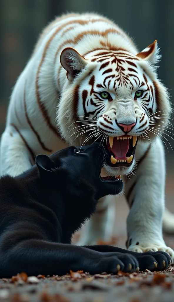 "Create a hyper-realistic image showing a dramatic scene between a black panther and a white tiger. The image features a defeated black panther lying on the ground, clearly exhausted and beaten. Nearby, the enormous, powerful white tiger dominates the scene as the clear winner. The white tiger, depicted as a majestic and imposing predator, has sharp teeth and an imposing size that contrasts with the vulnerable position of the black panther. The setting is stark and emphasizes the black panther's loss and the white tiger's dominance. The details of both animals are extremely realistic, focusing on the black panther's fur texture and the white tiger's fur and teeth. The image is in portrait orientation with a resolution of 1080x1920."