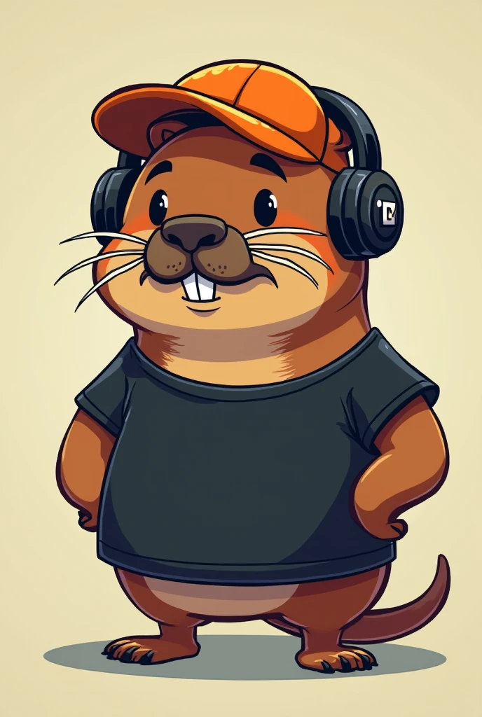 capybara face with mustache game in black t-shirt and orange cap and headphones