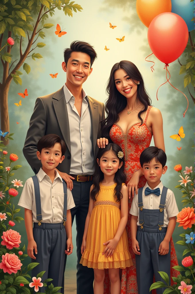 real Pinoy 6 family pictorial.woman beautiful with dress currying girl .and Man handsome with attire.and girl with dress .and boy with attire.and boy with attire . with flowers baloons butterflies