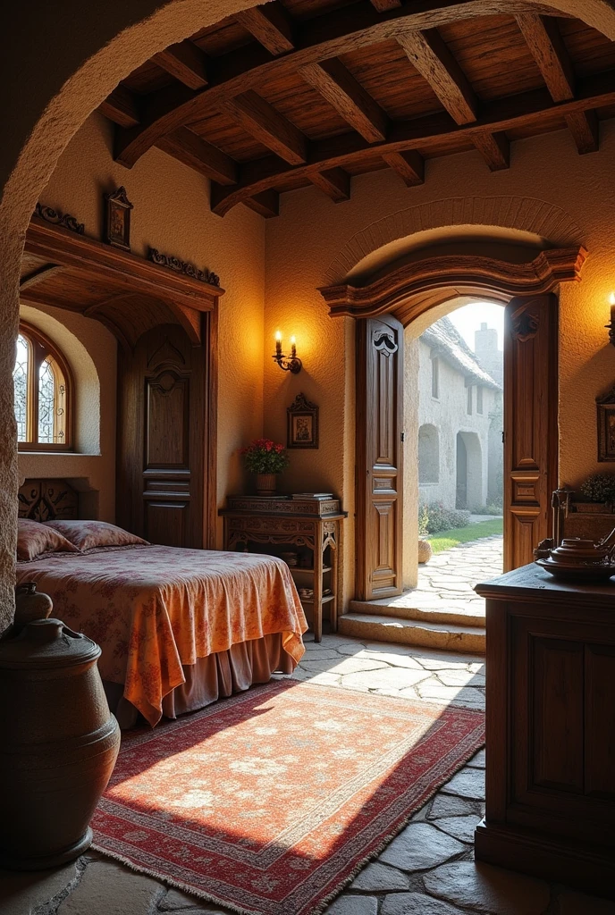 House inside with bedroom, kitchen, living room and 2 wooden medieval doors