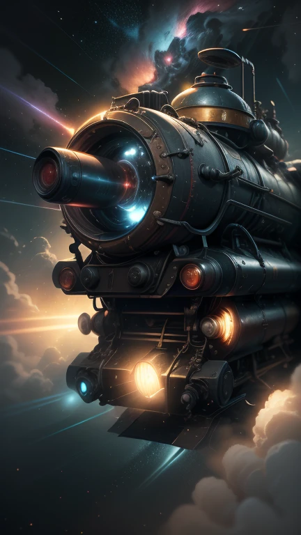Fantasy，8k,Extremely detailed, masterpiece,High resolution,Highest quality,Increase the resolution,Cinema Lighting,Different space，4 dimensional world，Night on the Galaxy Express，cyber-，light blue body，Train-shaped spaceship，Steam locomotive-type spaceship，Maneuvering with a fusion reactor，30-car train、Run through the space zone，Numerous stars，Many Galaxies，Milky Way，Cruising at the speed of light，Seeing the Earth in the distance，Super Express，Andromeda Galaxy visible，Wide angle of view，Vision，Floating in the air，In the dazzling light，Extremely colorful，The whole carriage is visible，Trains in an S-shape，colorful cloud nebula，The whole universe glows blue