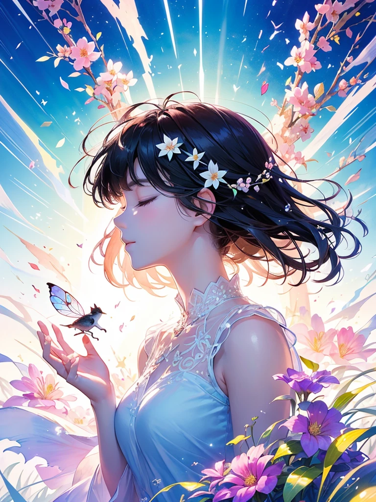 (masterpiece、Highest quality、Highest quality、Beautiful and beautiful:1.2)、Excellent anatomy、(Watercolor painting 1.5)、Long Shot、straight short hair images、Trendy Hair Color, Beautiful Face、Beautiful profile, Looking up to the sky, I close my eyes and pray, Fairy, 蝶のFairyのコスチューム、Pure white、Pure、charm, Colorful flowers of different colors, Flower and leaf wind、Botanical Art,