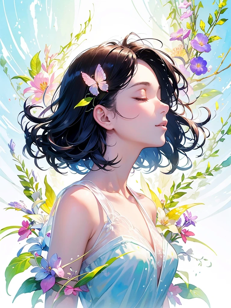 (masterpiece、Highest quality、Highest quality、Beautiful and beautiful:1.2)、Excellent anatomy、(Watercolor painting 1.5)、Long Shot、straight short hair images、Trendy Hair Color, Beautiful Face、Beautiful profile, Looking up to the sky, I close my eyes and pray, Fairy, 蝶のFairyのコスチューム、Pure white、Pure、charm, Colorful flowers of different colors, Flower and leaf wind、Botanical Art,
