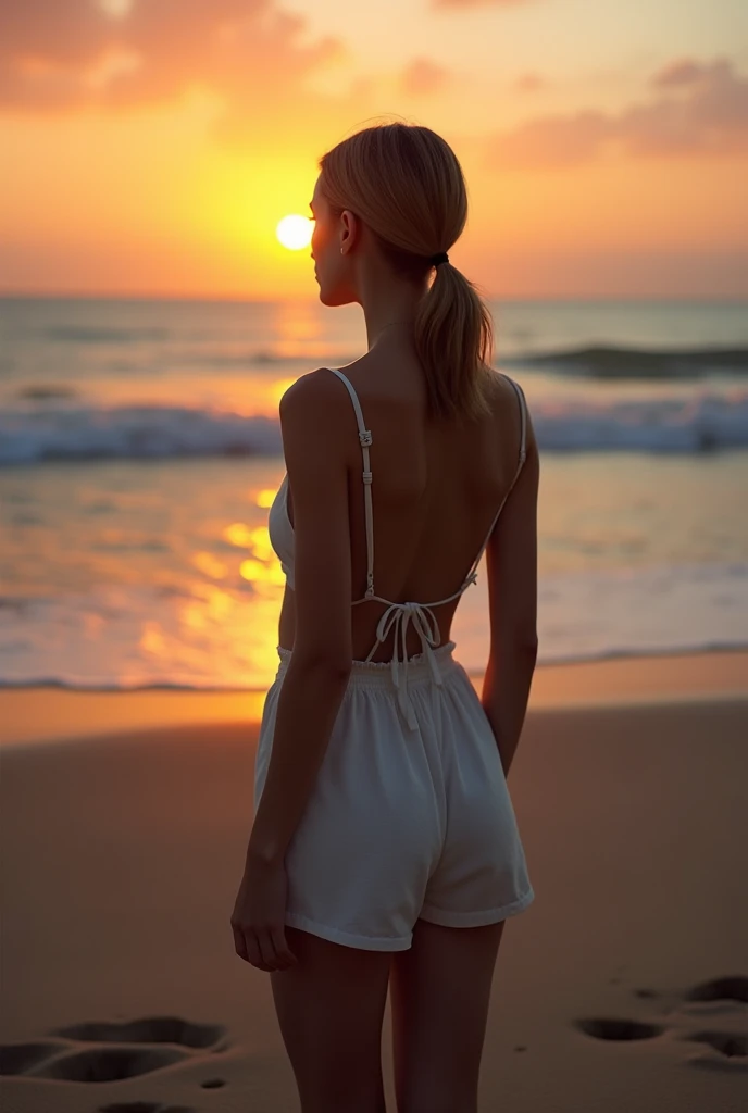 High resolution、Realistic、RAW Photos、Detailed Background、Beautiful in every detail、Highly detailed face、Beautiful women in their 20s、Perfect body line、ponytail、Bobcut、
(A beautiful woman is seen from behind gazing at the sunset at the end of summer:1.5)、
At dusk on the beach、A gentle light shines on the water surface.、The footprints on the sand create a lonely atmosphere.、A girl in a summer dress、He looks sad as he gazes into the distant horizon、In the quiet scenery that brings to mind the end of summer、I can imagine what's going on in the girl's mind.、Loneliness and sadness、And a scene that makes you feel something to look forward to、
In the midst of nature's transitions、The girl's feelings may also change.、very beautiful