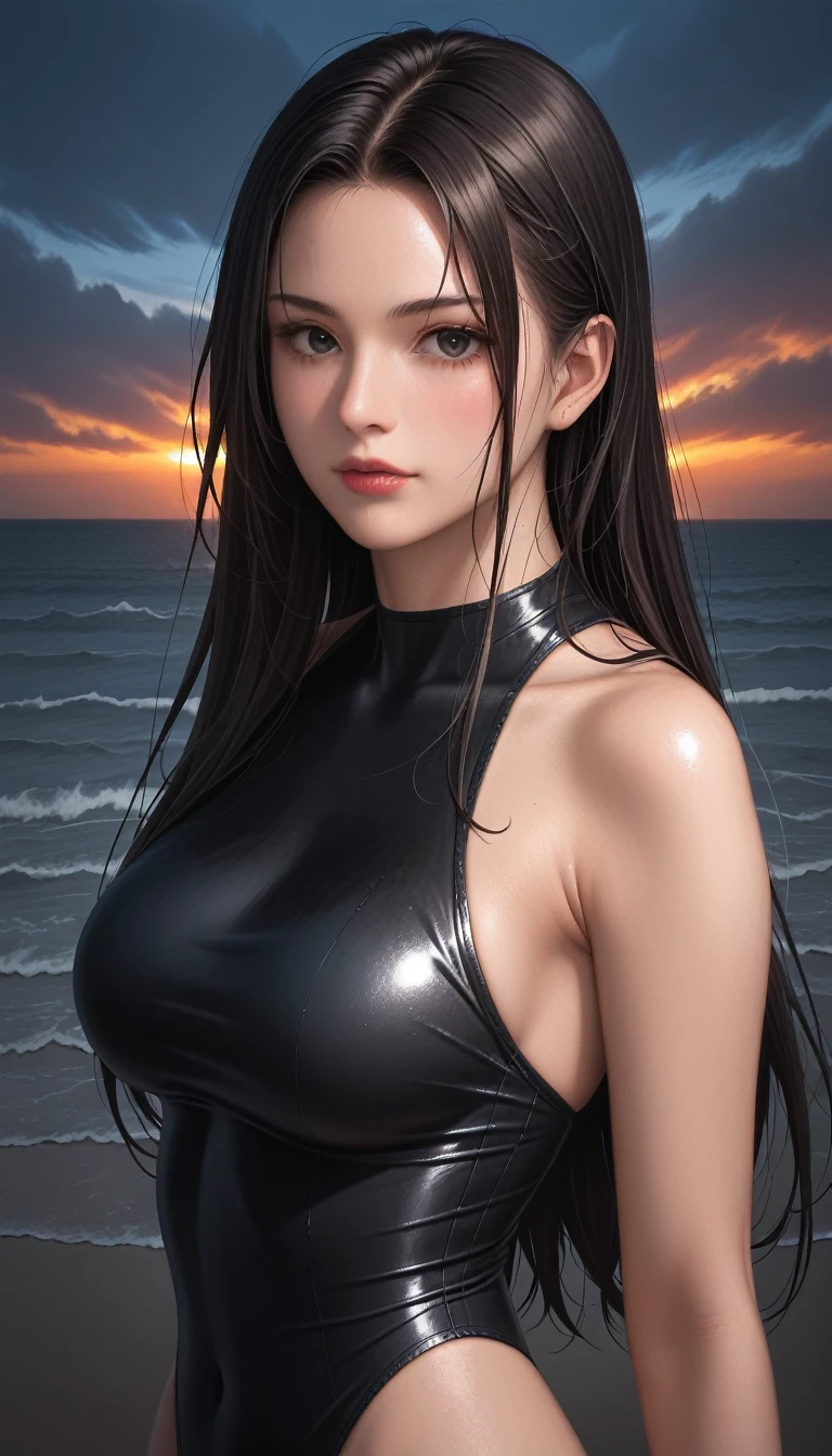 score_9, score_8_superior, score_7_superior, High resolution 3D anime style,A masterpiece in 32K resolution,Highest quality,it is really amazing,Very detailed,Ultra-high resolution,Ultra-realistic,Realistic,Increased depth of field,Cinematic lighting,
Sexy mature Japan woman,
Glossy black hair,Wavy long hair,Showing his forehead,god々Beautiful,Ultra-detailed and beautiful face,Sensual look,Beautiful dark brown, moist eyes,Pitch black eyes,Glowing, moisturized skin,Translucent white skin,born々New skin texture,Great proportions,
Black high leg swimsuit,
Bold design,born地の詳細な質感,
A seaside scene at dusk,Dark clouds filling the sky,Thundercloud,Coastline at night,Orange reflections on the sea surface,delay々A desolate sandy beach that continues,
Cinematic Angle,