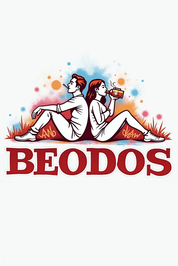 Generate a realistic style logo of a man sitting on the floor smoking a cigarette, woman sitting on the floor drinking a bottle of whiskey, back to back, graffiti text "BEODOS", happy, happy, fiesta