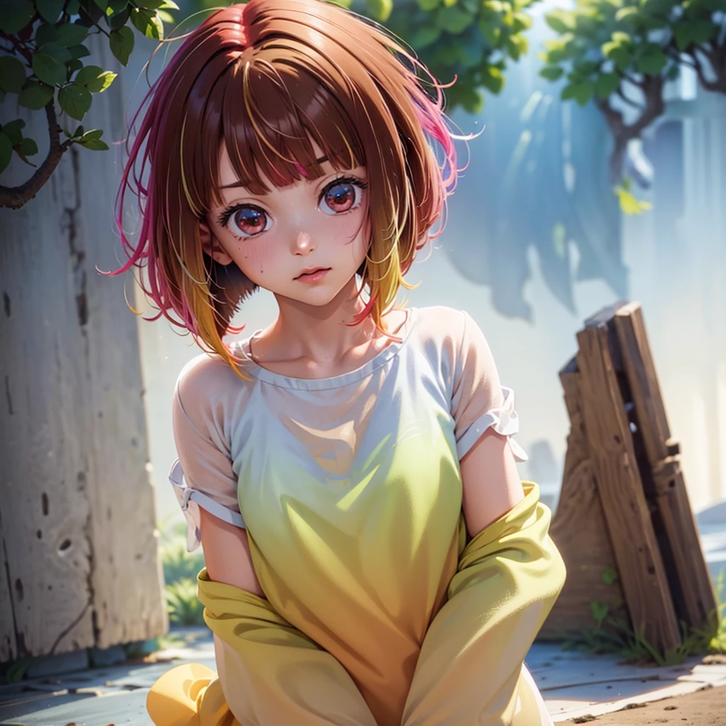 One woman, alone, alone Focus, Cowboy Shot, Portraiture,, Beaver,Half water color, Half Green, ((Brown Hair)), (Yellow Hair), (Gradient Hair :1.5), Curly Hair, ((Pink Eyes)), Ultra-detailed eyes, work, White see-through, (Small TI quality, Very detailed,Full Shot