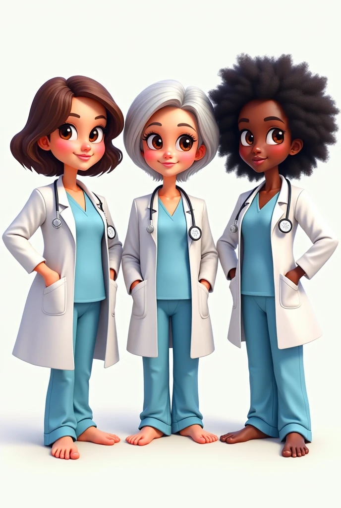 Create 3 Barbie-type caricatures with medical pajamas and a doctor's coat, one that is a lady with short brown hair and a medium-chubby body , brown eyes, the other one has short white hair, brown eyes and the other one has curly black hair and black eyes ,adult women