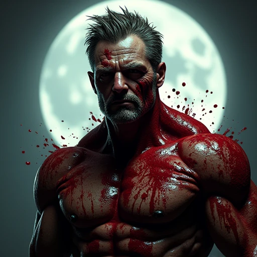 Member badge. Theme: Halloween movie horror, featuring the busts (chest and face) of a Isaac Clarke-like character, splattered with blood, under eerie moonlit lighting.